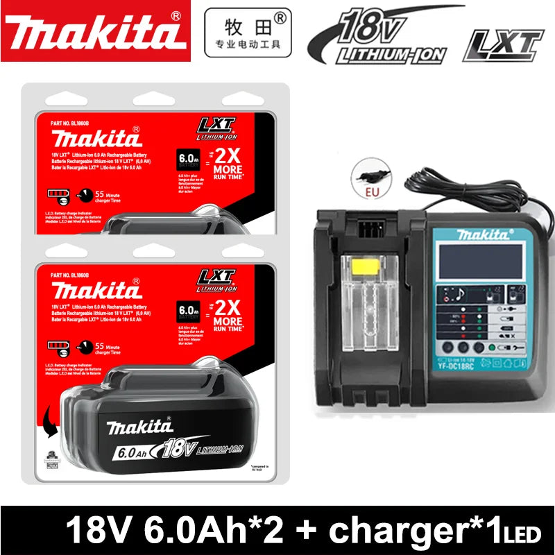 Makita 18V 2-pack batteries packaging, charger included in red and black