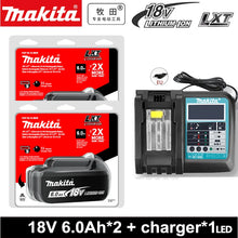 Makita 18V 2-pack batteries packaging, charger included in red and black