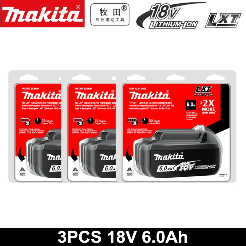 Makita 18V 3-pack batteries packaging, red black and white branding