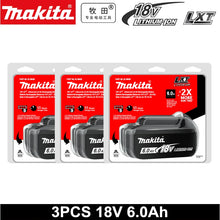 Makita 18V 3-pack batteries packaging, red black and white branding
