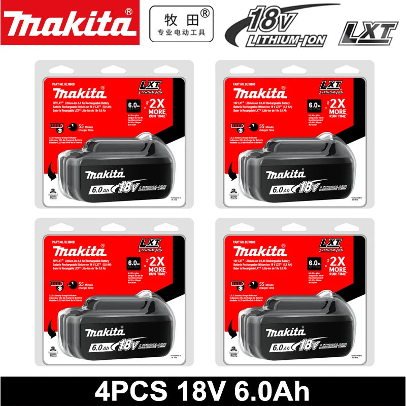 Makita 18V 4-pack batteries packaging, red black and white branding
