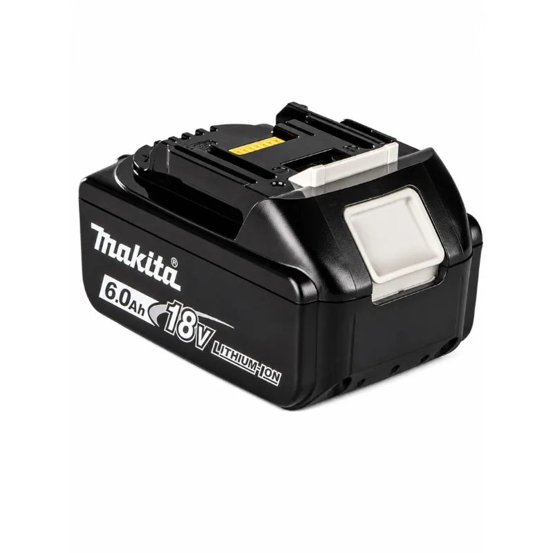Makita 18V 6000mAh battery front view, black and yellow with LED