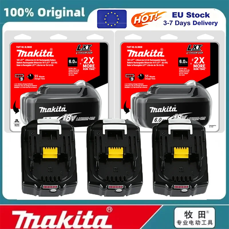Makita 18V battery packaging, red and black twin pack view