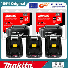Makita 18V battery packaging, red and black twin pack view
