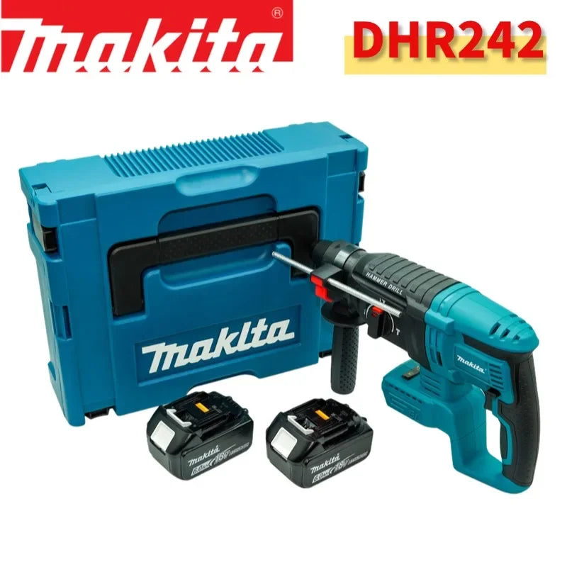 Makita DHR242 packaging, blue and black cordless drill kit with case