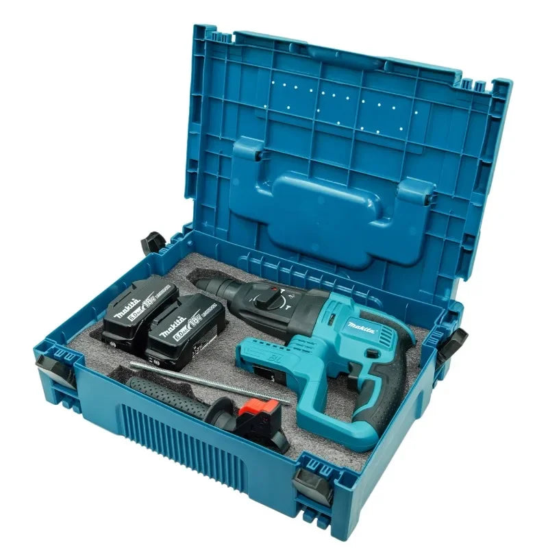 Makita DHR242 packaging, drill and batteries with blue-black carrying case