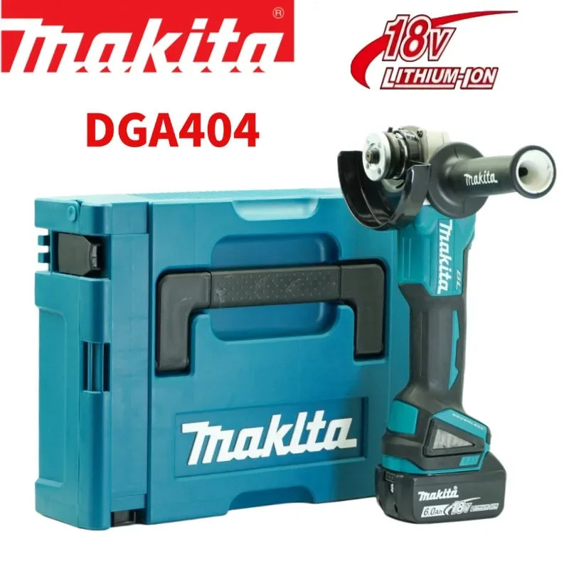 Makita DGA404 packaging, blue and black kit with battery and case