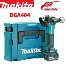Makita DGA404 packaging, blue and black kit with battery and case