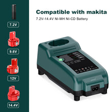 Red and green battery packaging with charger set on white