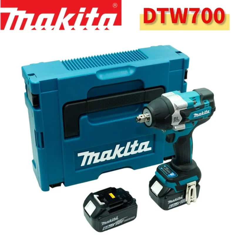 Makita DTW700 packaging, blue and black tool case with battery
