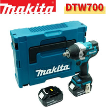 Makita DTW700 packaging, blue and black tool case with battery