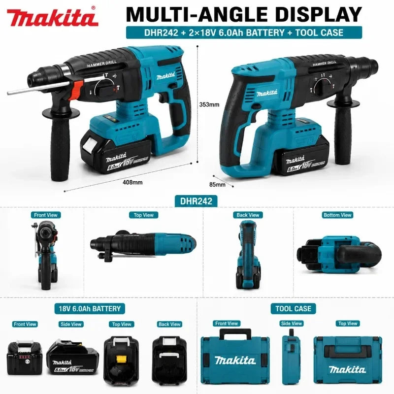 Makita DHR242 multi-angle display, blue and black rotary hammer