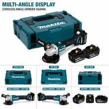 Makita DGA404 multi-angle display, blue black yellow view with grinder and battery