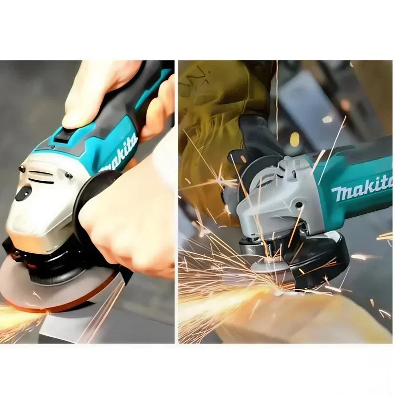 Makita DGA404 cordless angle grinder in use, sparks flying lifestyle shot