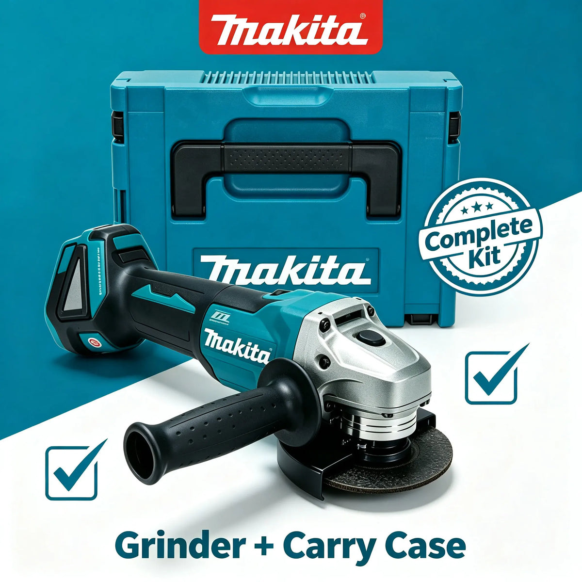 Makita DGA404 cordless angle grinder, blue-black front view with carry case