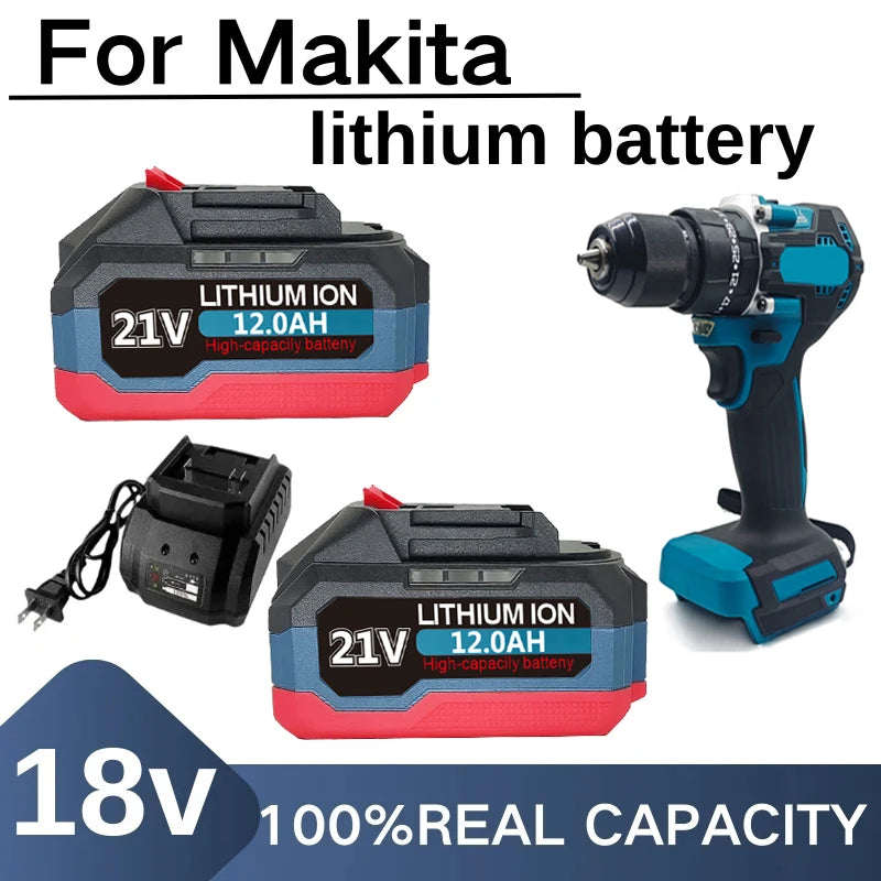 Makita battery lifestyle shot, black and blue with two batteries