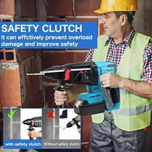 Makita DHR242 lifestyle use, cordless rotary hammer drill with safety gear