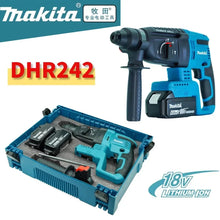 Makita DHR242 front view, blue and black cordless rotary hammer drill
