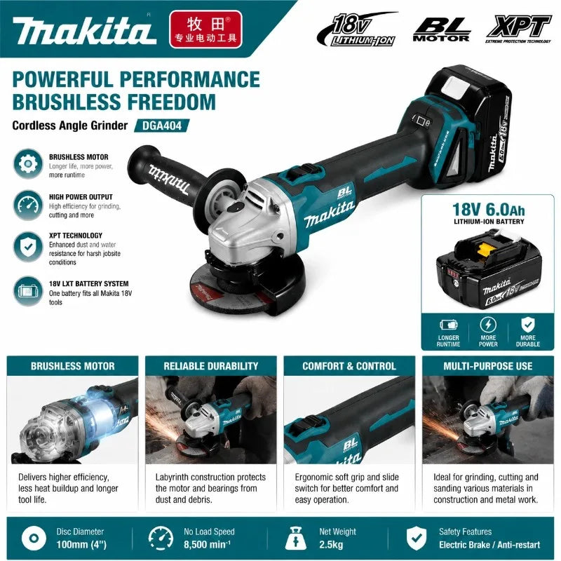 Makita 18V DGA404 tool case, organized storage in blue and gray