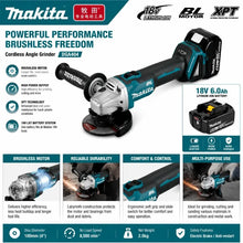 Makita 18V DGA404 tool case, organized storage in blue and gray