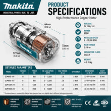 Makita DTW285 specifications sheet graphic in blue and white