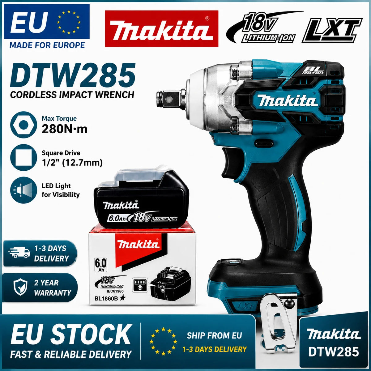 Makita DTW285 packaging showing included 18V battery in blue and black