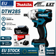 Makita DTW285 packaging showing included 18V battery in blue and black
