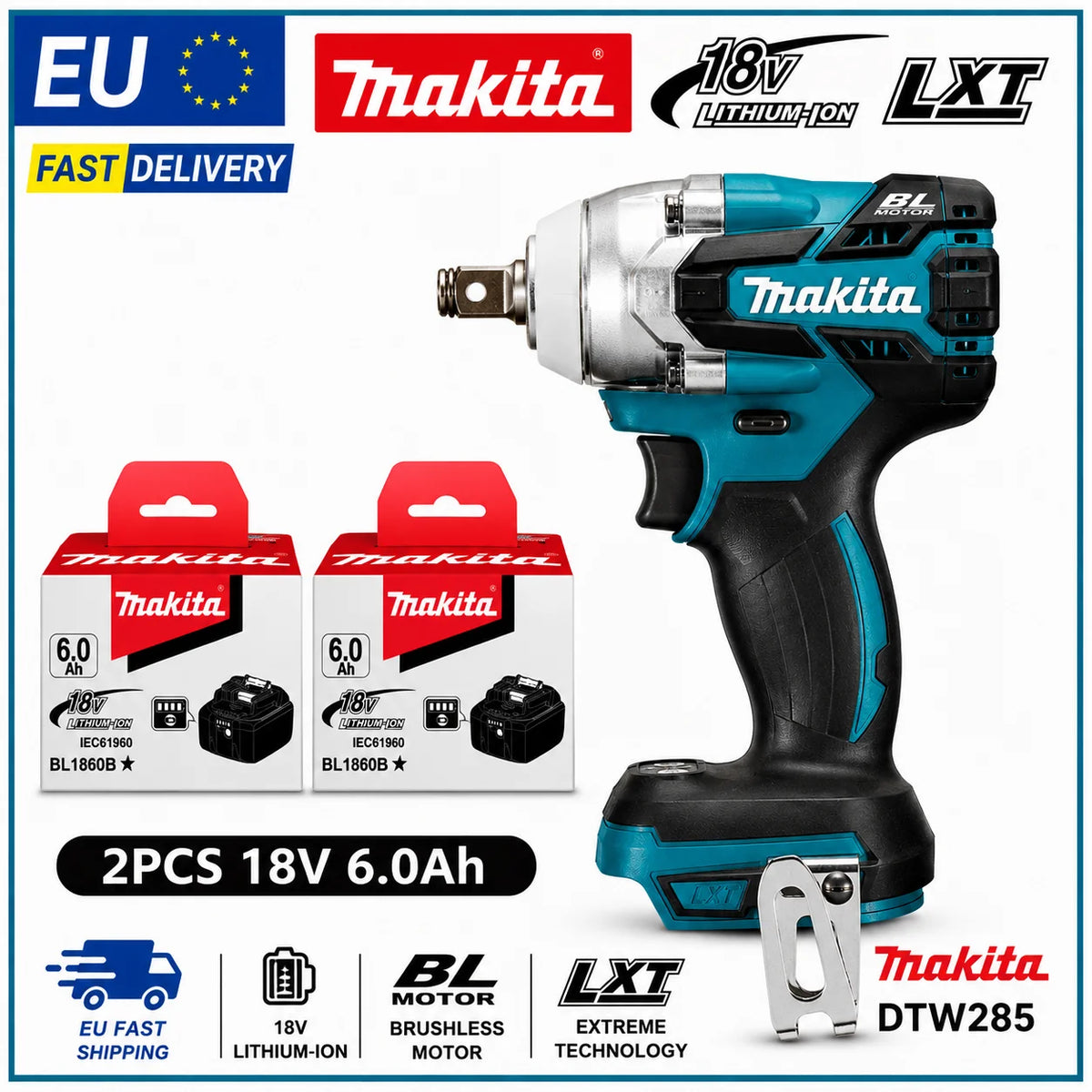 Makita DTW285 packaging, blue and black with brushless impact wrench