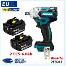 Makita DTW285 packaging, blue and black with two batteries included