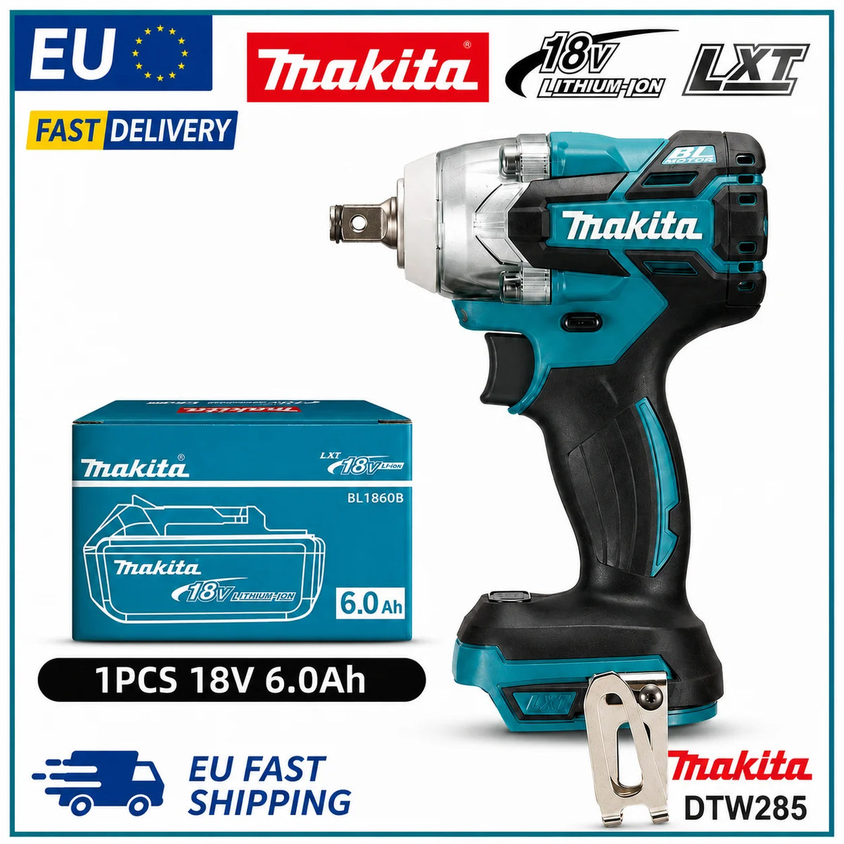 Makita DTW285 front view, blue and black impact wrench with battery