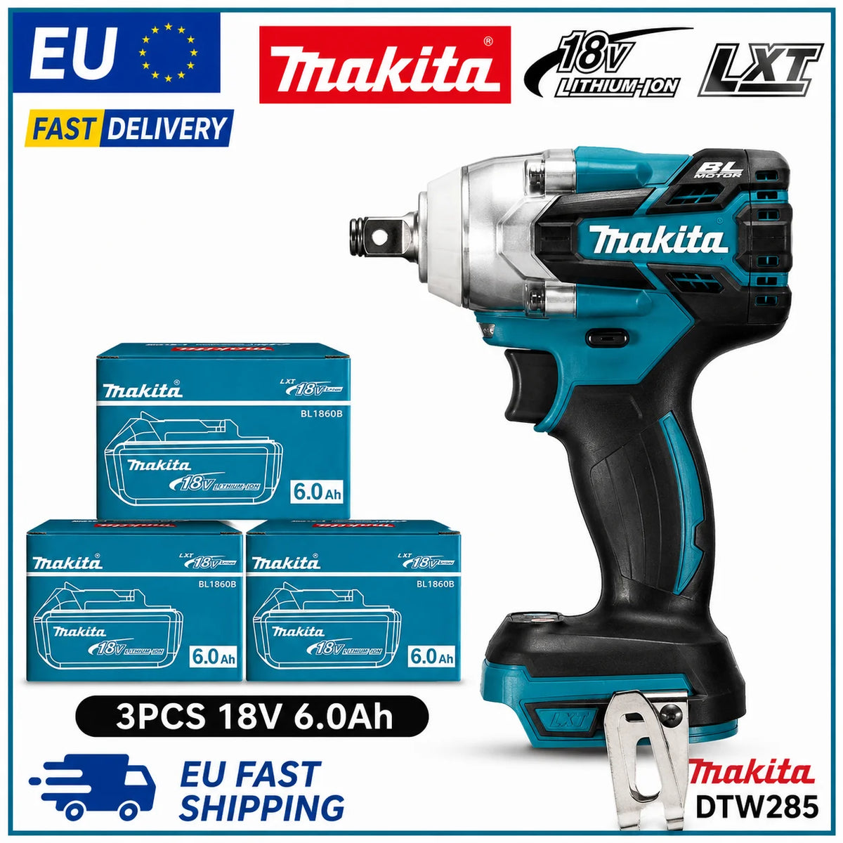 Makita DTW285 front view, blue and black impact wrench with LED light