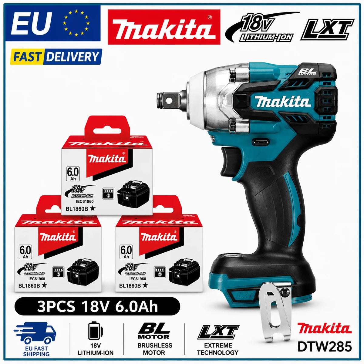 Makita DTW285 front view, blue and black impact wrench with battery and LED