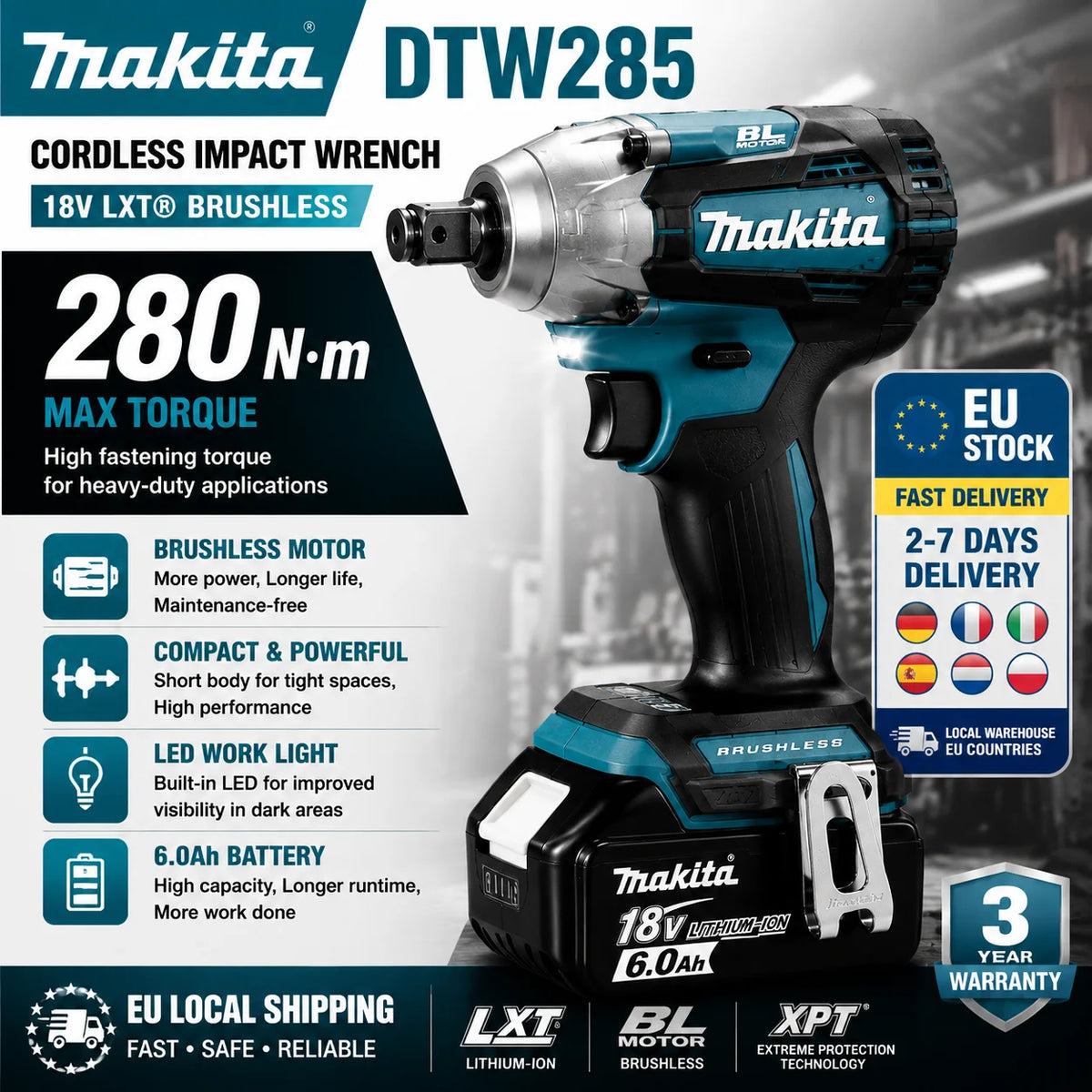 Makita DTW285 kit packaging with charger and LED light in blue and black