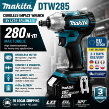 Makita DTW285 kit packaging with charger and LED light in blue and black