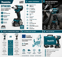 Makita DTW285 tool specifications packaging illustration in blue and black