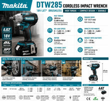 Makita DTW285 comparison table graphic in blue and white