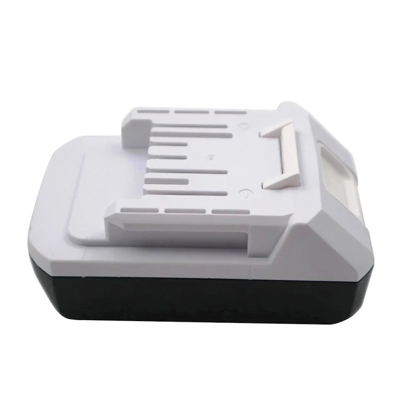 Makita 18V Li-ion battery side view, black and white specifications