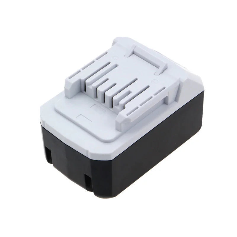 Makita 18V charger front view, black and white charging slots