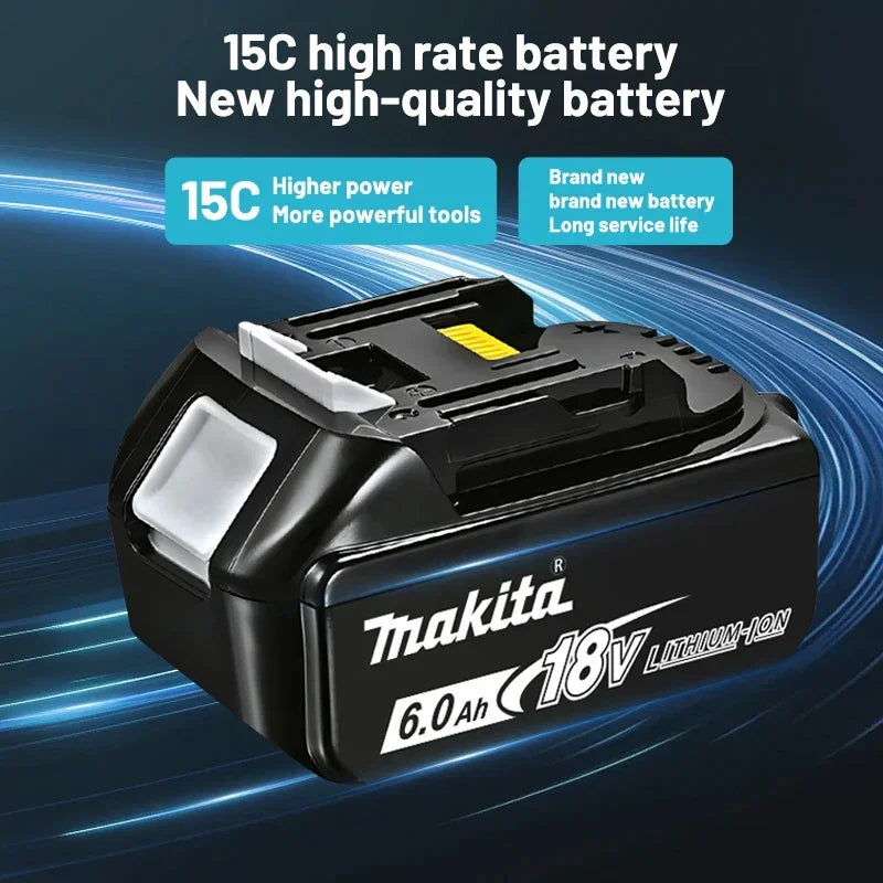 Makita 18V 6.0Ah battery detail, black close-up with high-rate charging