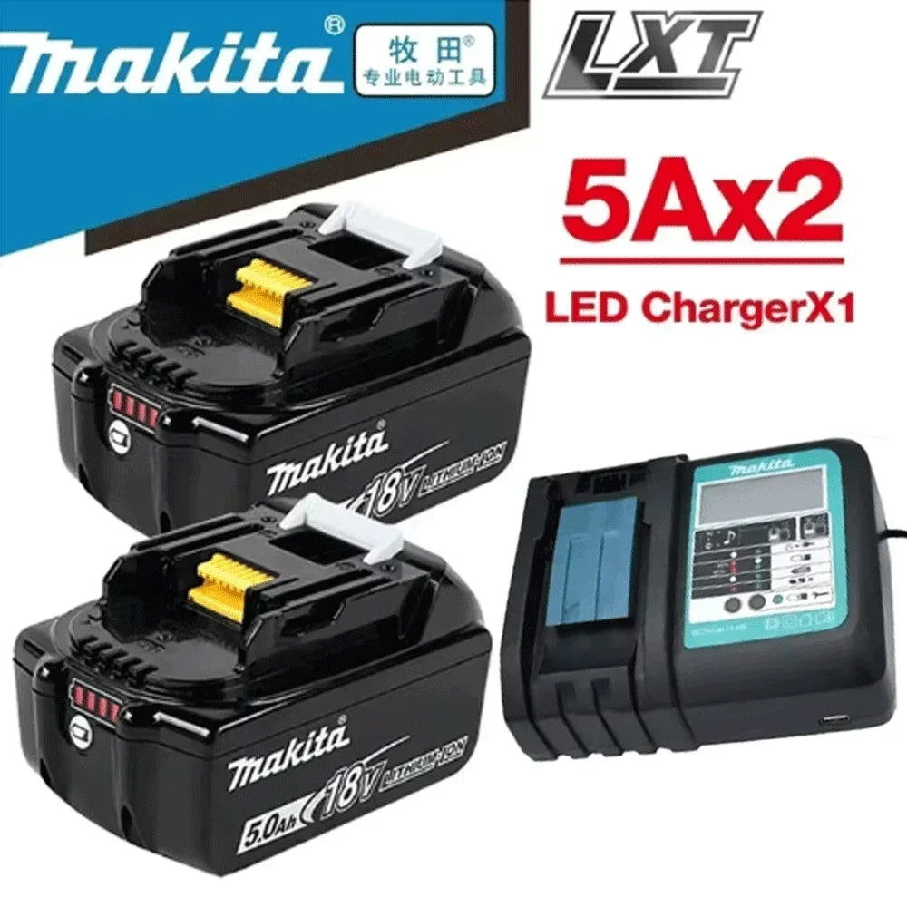 Makita 18V batteries and charger front view, black and blue with LED indicator