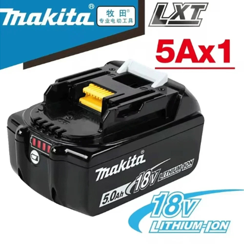 Makita 18V 5Ah battery pack front view with LED indicator, black and yellow