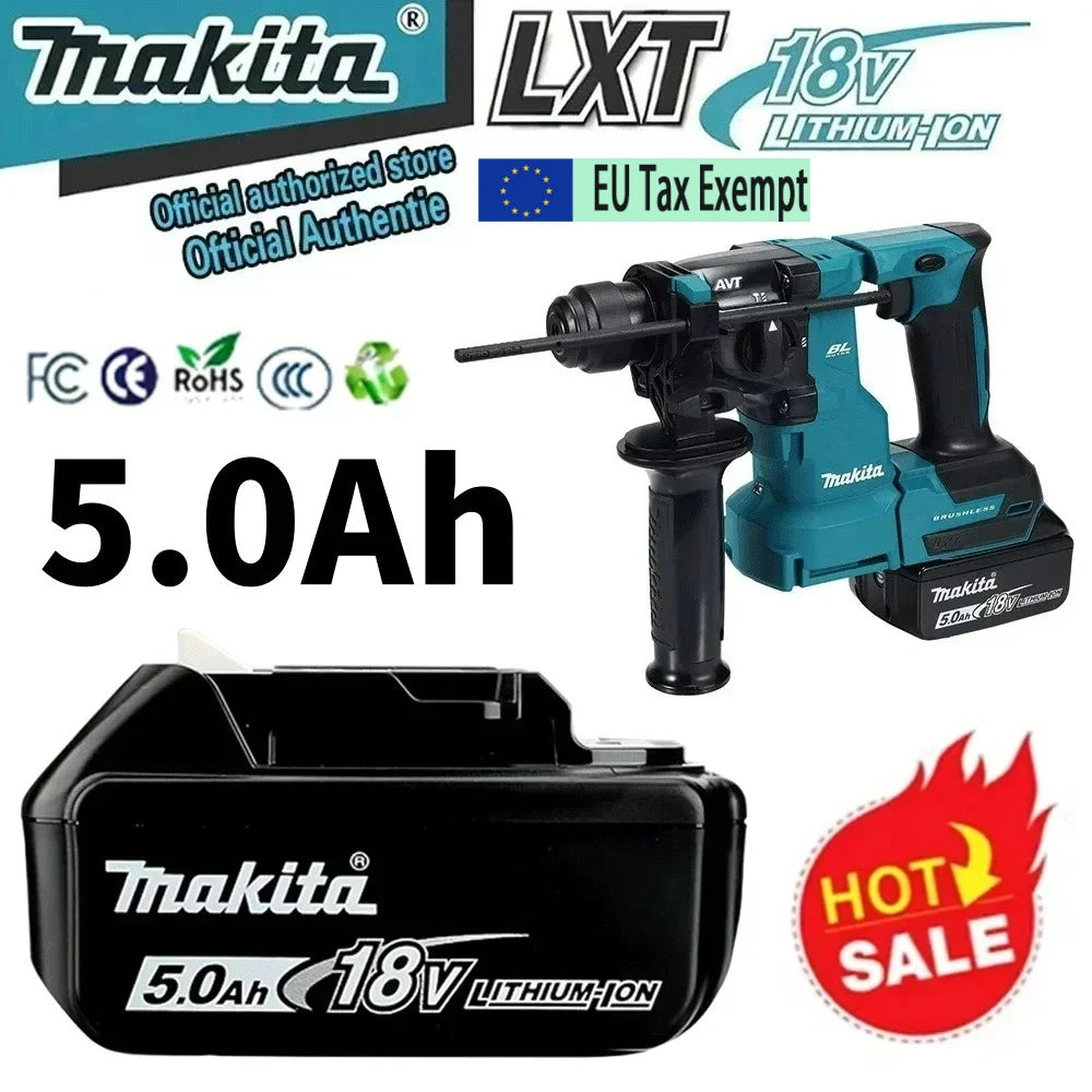 Makita 18V 5Ah battery front view, black and blue on white background
