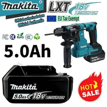 Makita 18V 5Ah battery front view, black and blue on white background