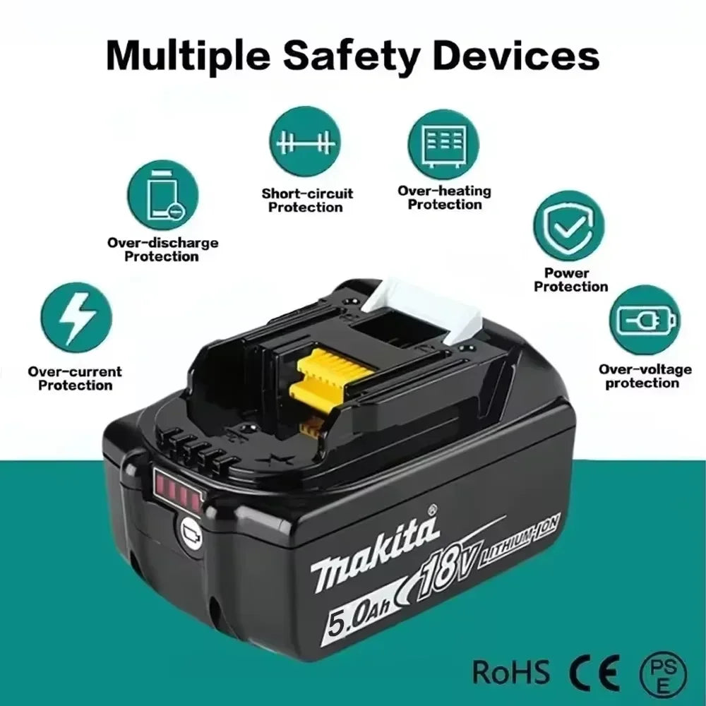 Makita 18V 5Ah battery packaging, black and yellow with safety details