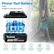 Makita 18V 5Ah battery with intelligent system, black and blue on white