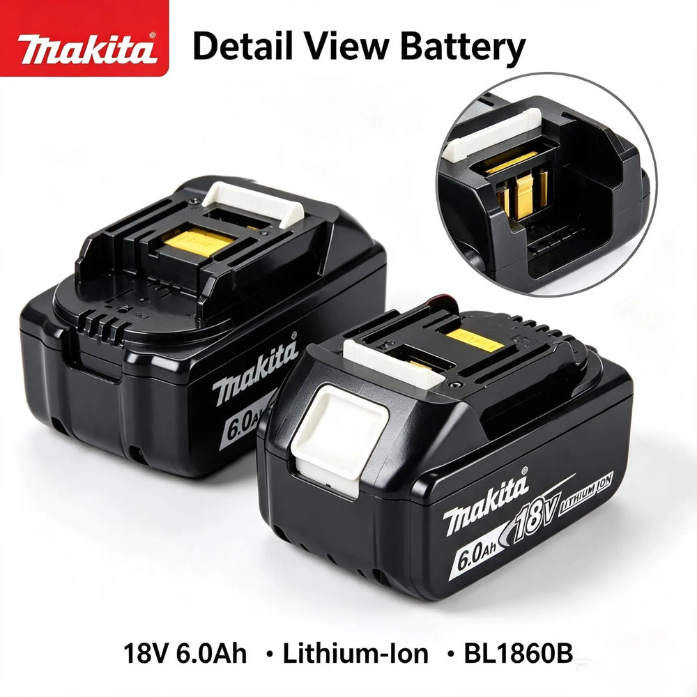 Makita BL1860B black battery detail view with LED indicator