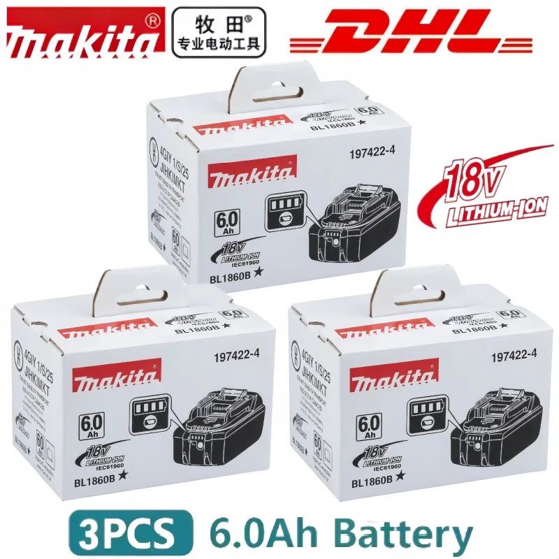 Makita BL1860 3-pack battery packaging, white and red box