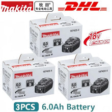 Makita BL1860 3-pack battery packaging, white and red box