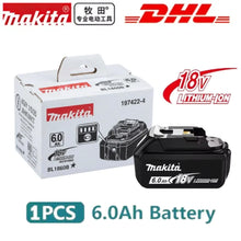 Makita BL1860 battery pack in red and black packaging, branded box