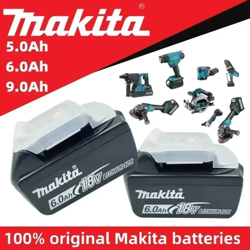 Makita battery packaging, black-red-white design with 5.0Ah–9.0Ah features